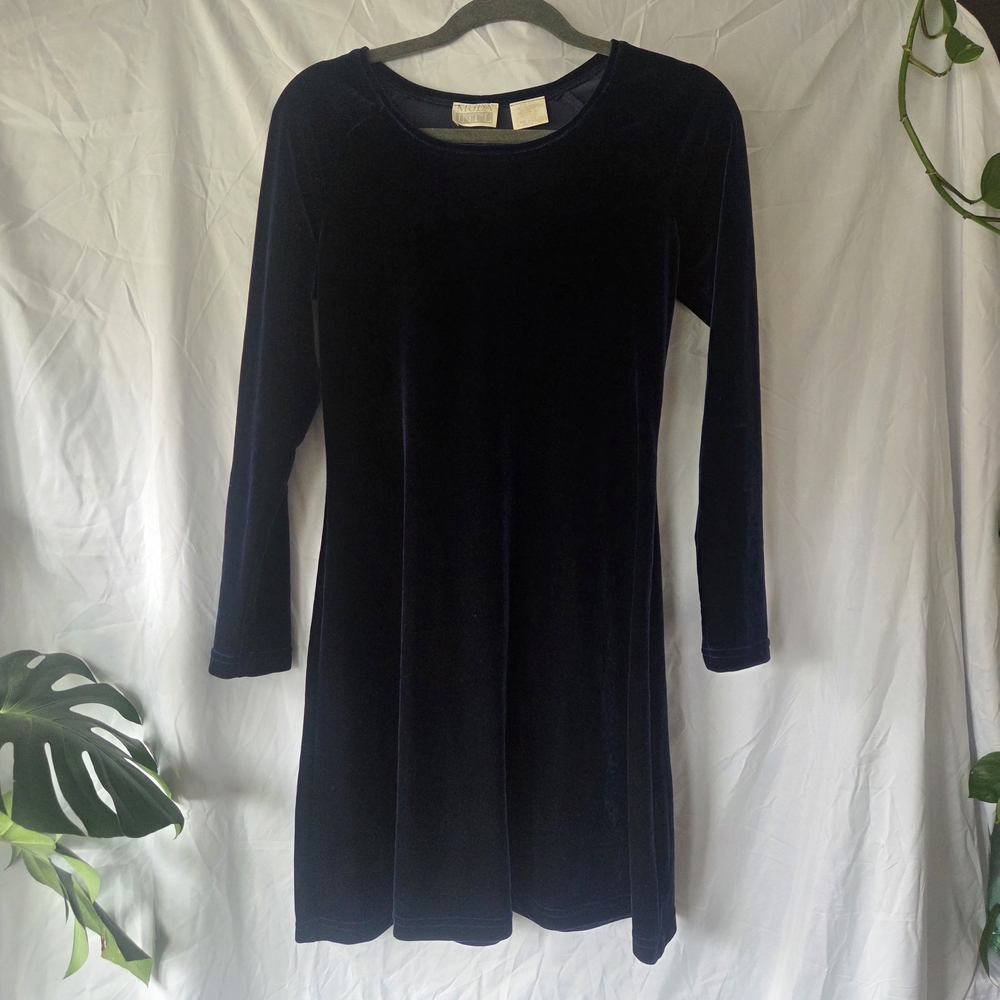 Vintage Moda International Navy Blue Velvet Dress Long Sleeve Size Small